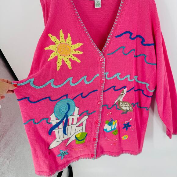 Quacker Factory 3X Pink Beach Scene Embroidered Cardigan Coastal Nautical - Picture 10 of 11